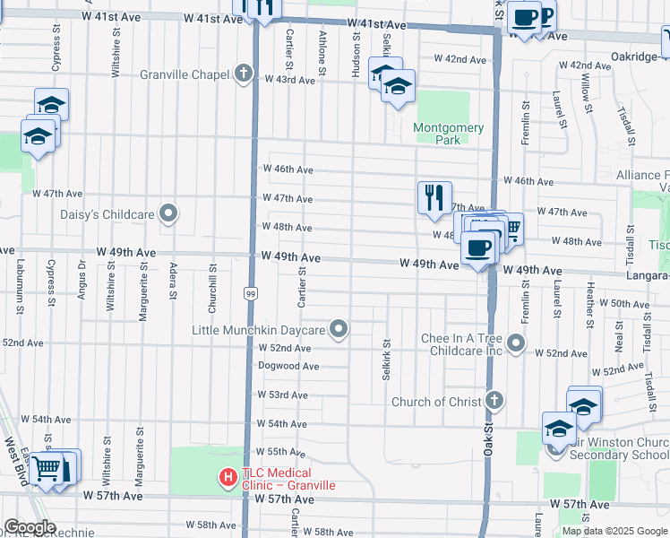 map of restaurants, bars, coffee shops, grocery stores, and more near in Vancouver