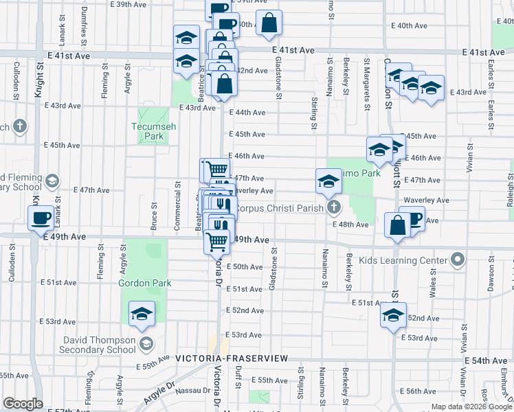 map of restaurants, bars, coffee shops, grocery stores, and more near 2121 East 48th Avenue in Vancouver