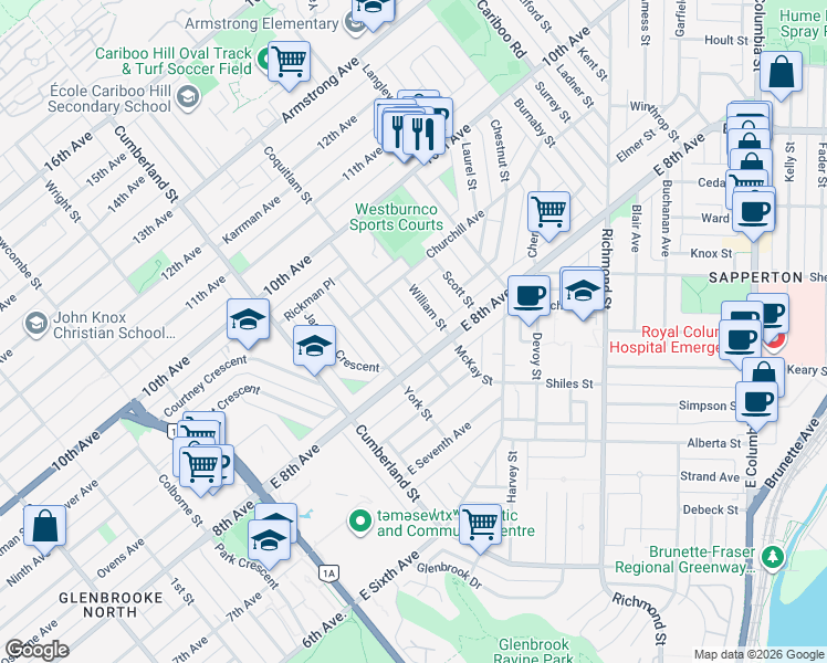 map of restaurants, bars, coffee shops, grocery stores, and more near 815 Massey Street in New Westminster