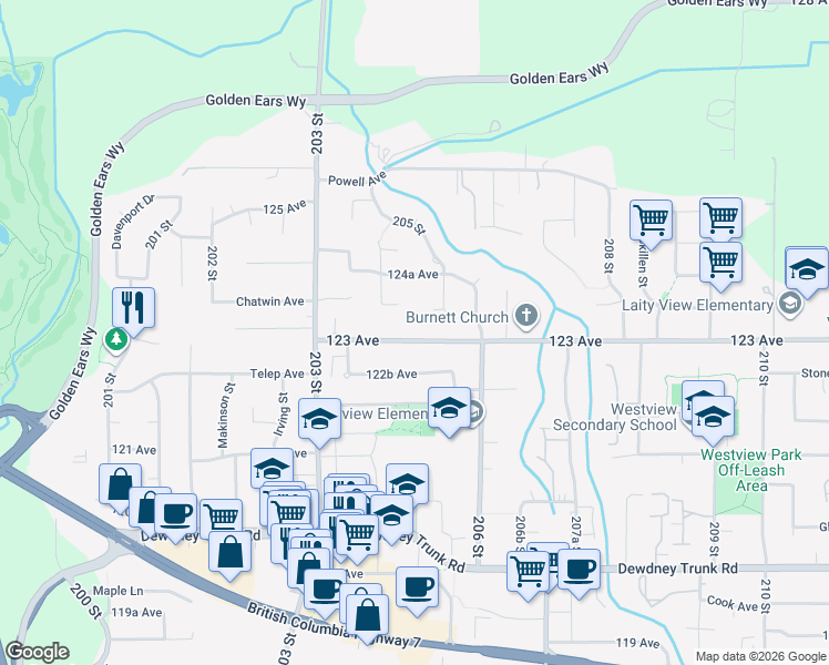 map of restaurants, bars, coffee shops, grocery stores, and more near in Maple Ridge