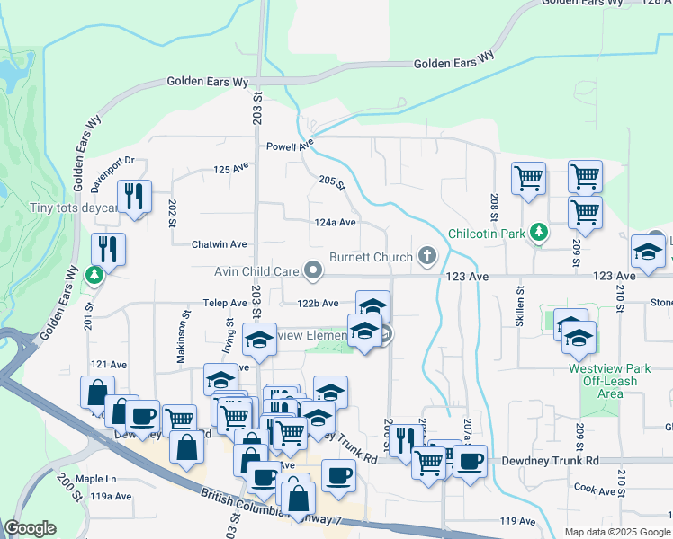 map of restaurants, bars, coffee shops, grocery stores, and more near 20509 123 Avenue in Maple Ridge