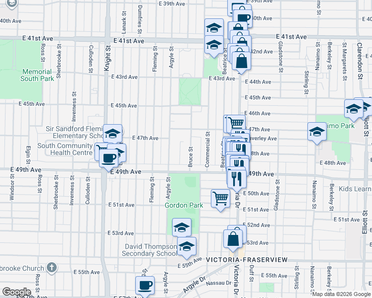 map of restaurants, bars, coffee shops, grocery stores, and more near 6379 Bruce Street in Vancouver