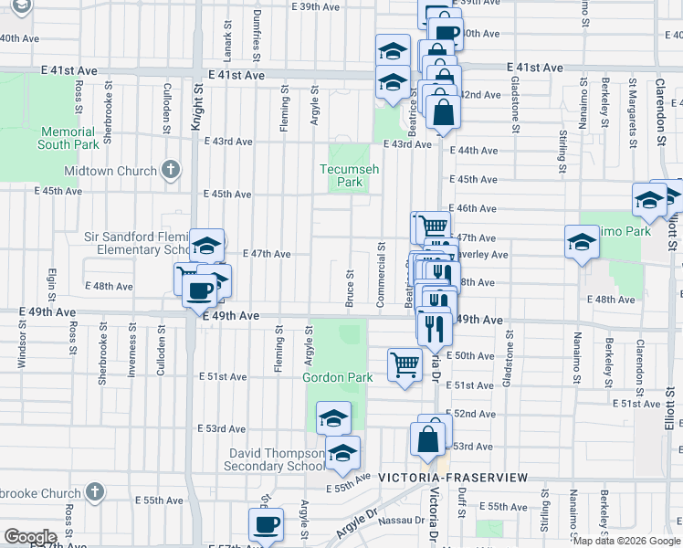 map of restaurants, bars, coffee shops, grocery stores, and more near 6379 Bruce Street in Vancouver