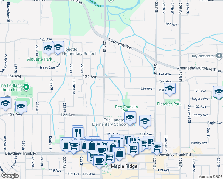 map of restaurants, bars, coffee shops, grocery stores, and more near 12334 224 Street in Maple Ridge
