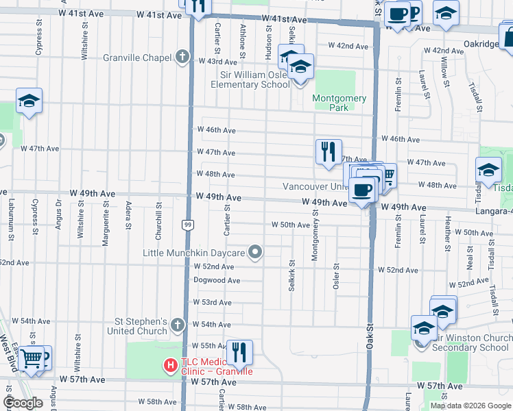 map of restaurants, bars, coffee shops, grocery stores, and more near 1320 West 49th Avenue in Vancouver