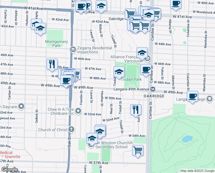 map of restaurants, bars, coffee shops, grocery stores, and more near 735 West 49th Avenue in Vancouver