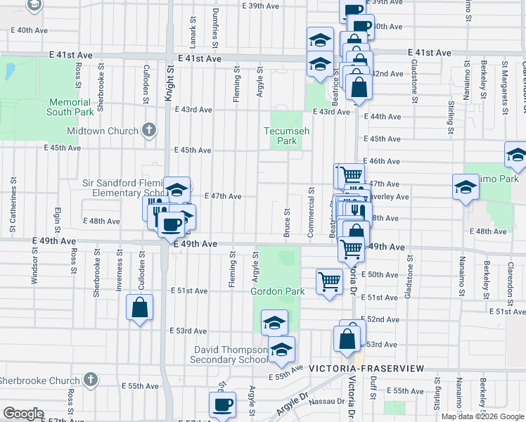 map of restaurants, bars, coffee shops, grocery stores, and more near 6388 Argyle Street in Vancouver