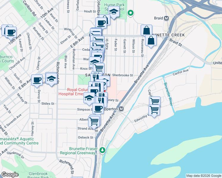 map of restaurants, bars, coffee shops, grocery stores, and more near 330 East Columbia Street in New Westminster