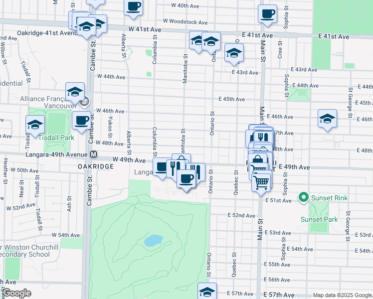 map of restaurants, bars, coffee shops, grocery stores, and more near 88 West 48th Avenue in Vancouver