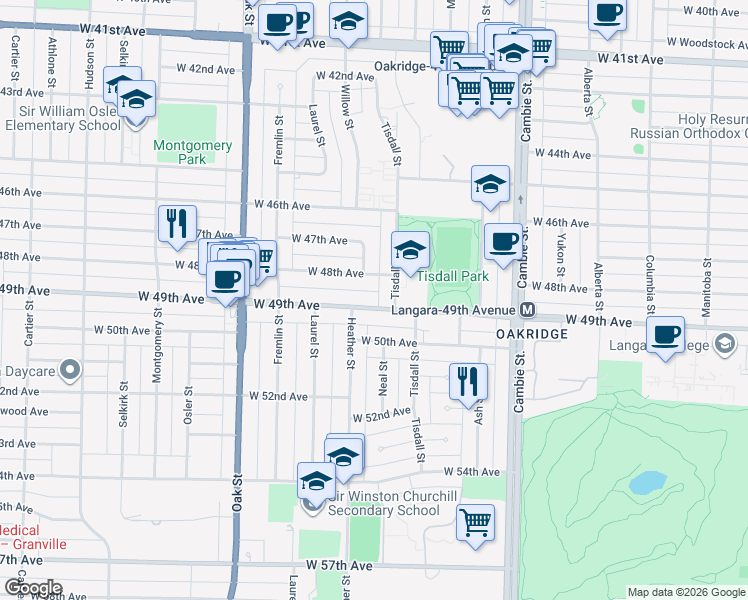 map of restaurants, bars, coffee shops, grocery stores, and more near 725 West 49th Avenue in Vancouver