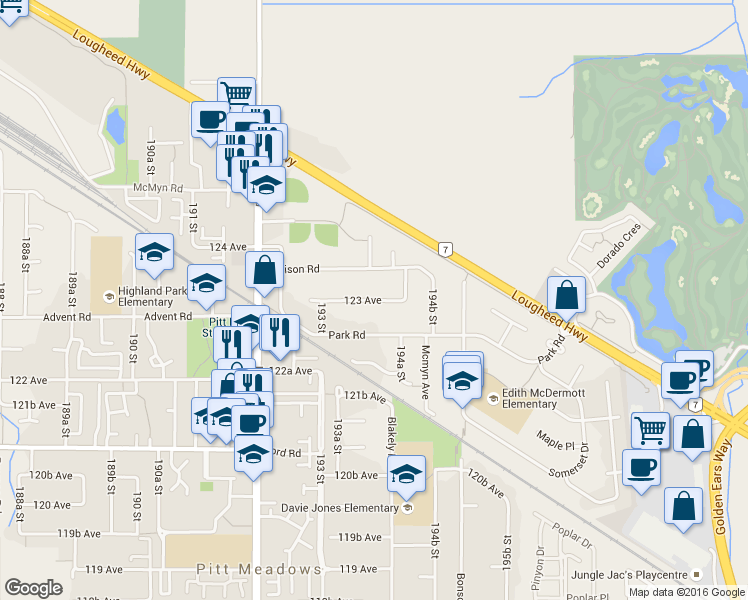map of restaurants, bars, coffee shops, grocery stores, and more near 19379 123 Avenue in Pitt Meadows