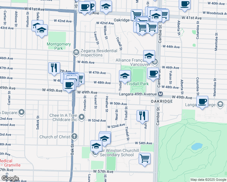 map of restaurants, bars, coffee shops, grocery stores, and more near 715 West 49th Avenue in Vancouver