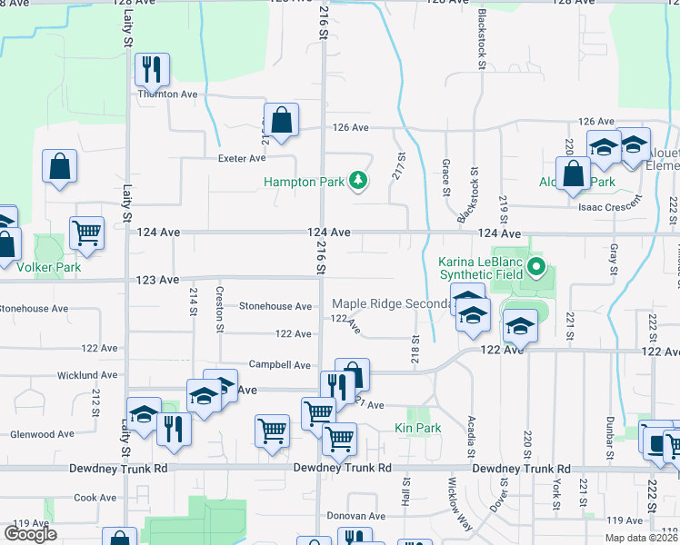 map of restaurants, bars, coffee shops, grocery stores, and more near 21634 Manor Avenue in Maple Ridge
