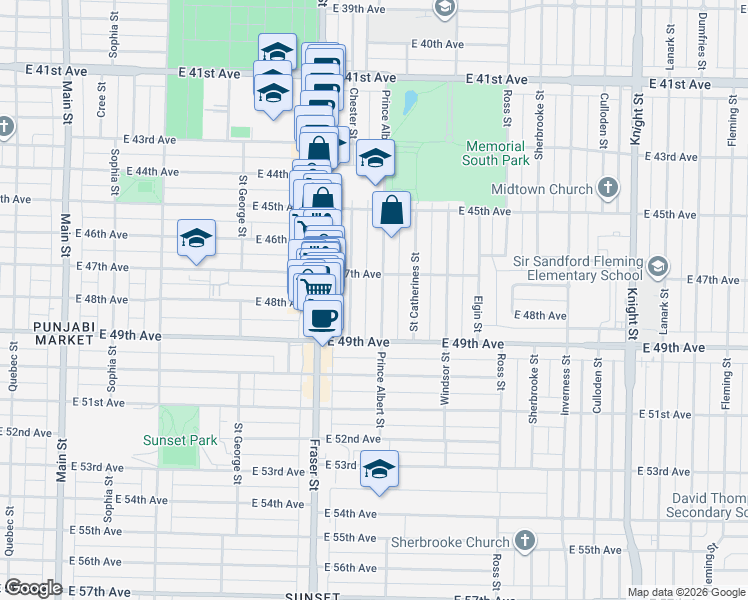 map of restaurants, bars, coffee shops, grocery stores, and more near 6387 Prince Albert Street in Vancouver