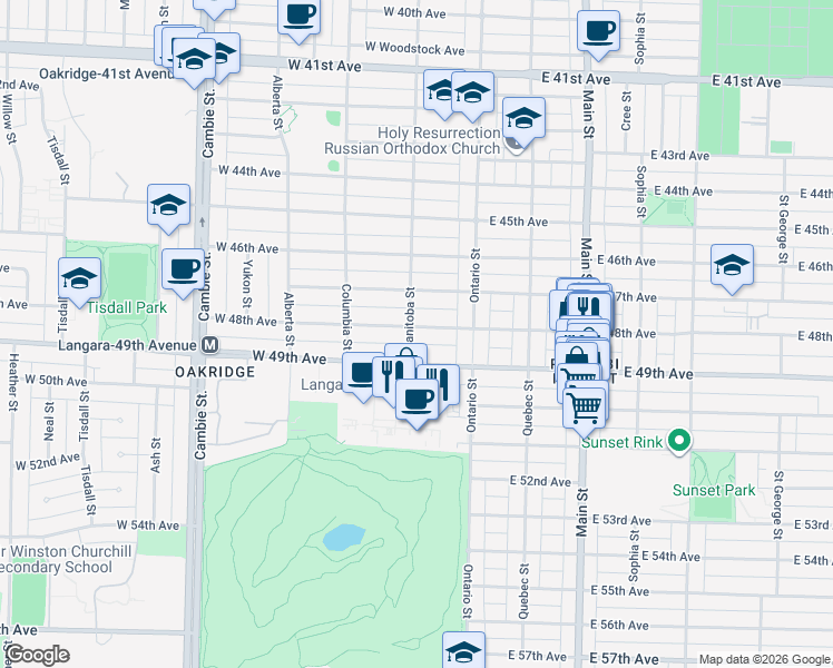 map of restaurants, bars, coffee shops, grocery stores, and more near 85 West 48th Avenue in Vancouver