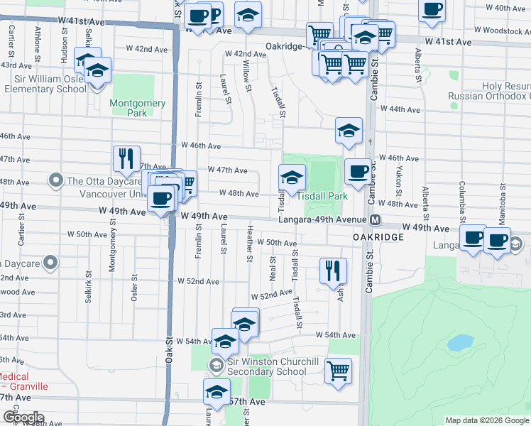 map of restaurants, bars, coffee shops, grocery stores, and more near 715 West 49th Avenue in Vancouver