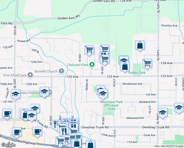 map of restaurants, bars, coffee shops, grocery stores, and more near 12310 Skillen Street in Maple Ridge