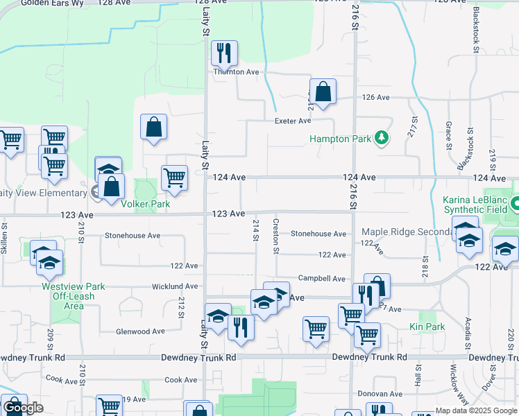 map of restaurants, bars, coffee shops, grocery stores, and more near 21387 123 Avenue in Maple Ridge