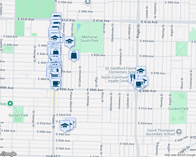 map of restaurants, bars, coffee shops, grocery stores, and more near 6372 Elgin Street in Vancouver