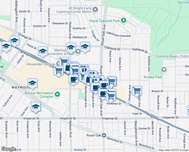 map of restaurants, bars, coffee shops, grocery stores, and more near 5127 Irving Street in Burnaby