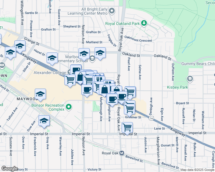 map of restaurants, bars, coffee shops, grocery stores, and more near 5087 Irving Street in Burnaby