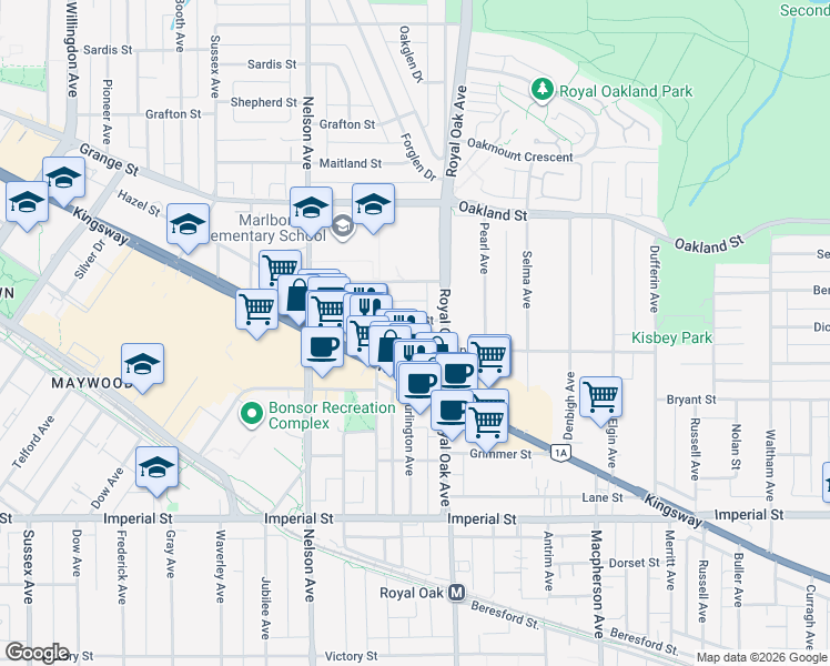 map of restaurants, bars, coffee shops, grocery stores, and more near 5159 Newton Street in Burnaby