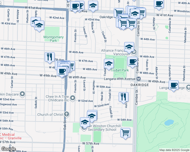 map of restaurants, bars, coffee shops, grocery stores, and more near 765 West 49th Avenue in Vancouver