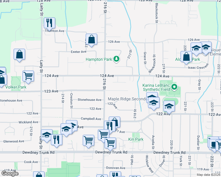 map of restaurants, bars, coffee shops, grocery stores, and more near 21635 123 Avenue in Maple Ridge