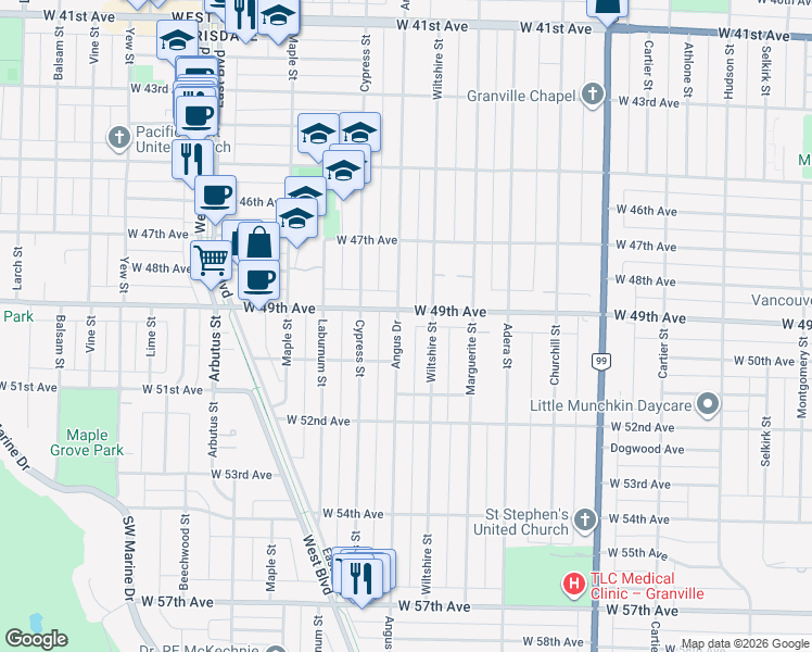 map of restaurants, bars, coffee shops, grocery stores, and more near 6532 Angus Drive in Vancouver