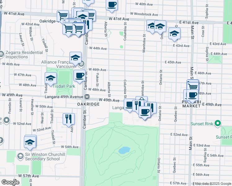 map of restaurants, bars, coffee shops, grocery stores, and more near 262 West 48th Avenue in Vancouver
