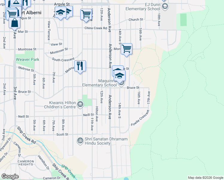 map of restaurants, bars, coffee shops, grocery stores, and more near 3962 Bruce Street in Port Alberni