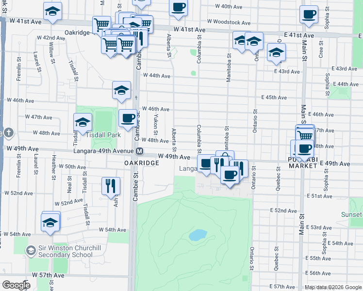 map of restaurants, bars, coffee shops, grocery stores, and more near 276 West 48th Avenue in Vancouver