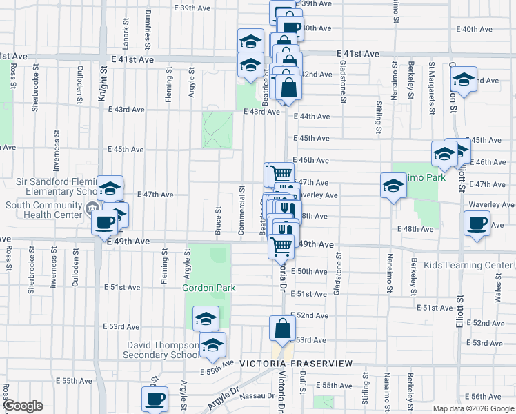 map of restaurants, bars, coffee shops, grocery stores, and more near 6341 Beatrice Street in Vancouver