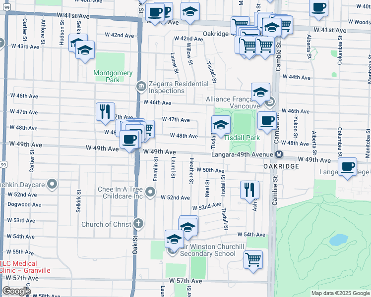 map of restaurants, bars, coffee shops, grocery stores, and more near 805 West 49th Avenue in Vancouver