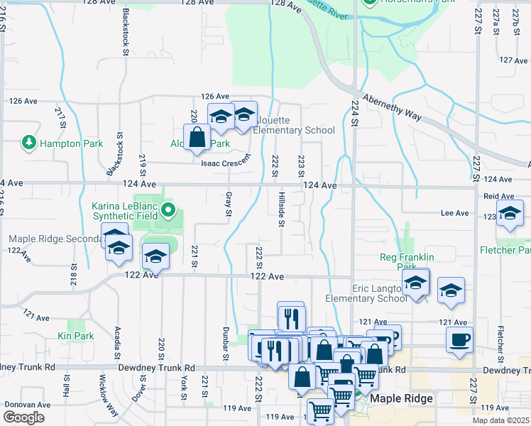 map of restaurants, bars, coffee shops, grocery stores, and more near 22206 124 Avenue in Maple Ridge