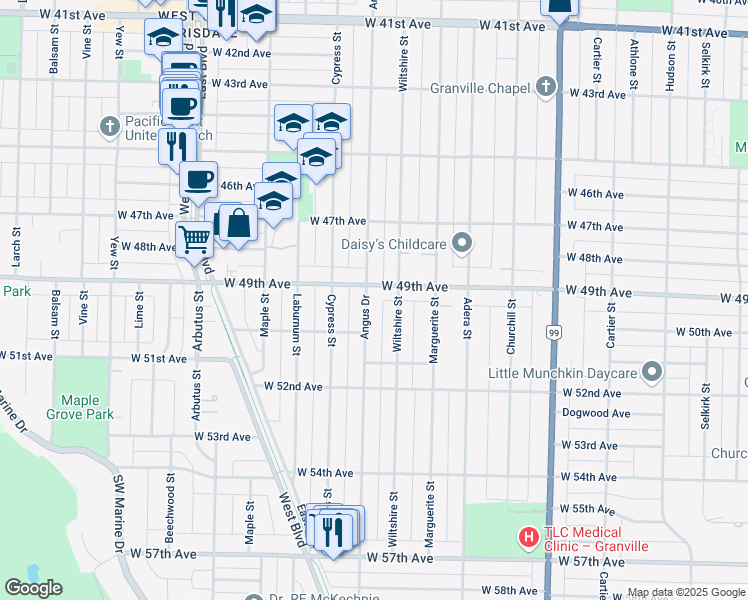 map of restaurants, bars, coffee shops, grocery stores, and more near 6530 Angus Drive in Vancouver