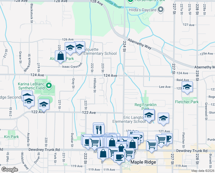 map of restaurants, bars, coffee shops, grocery stores, and more near 223 Street in Maple Ridge