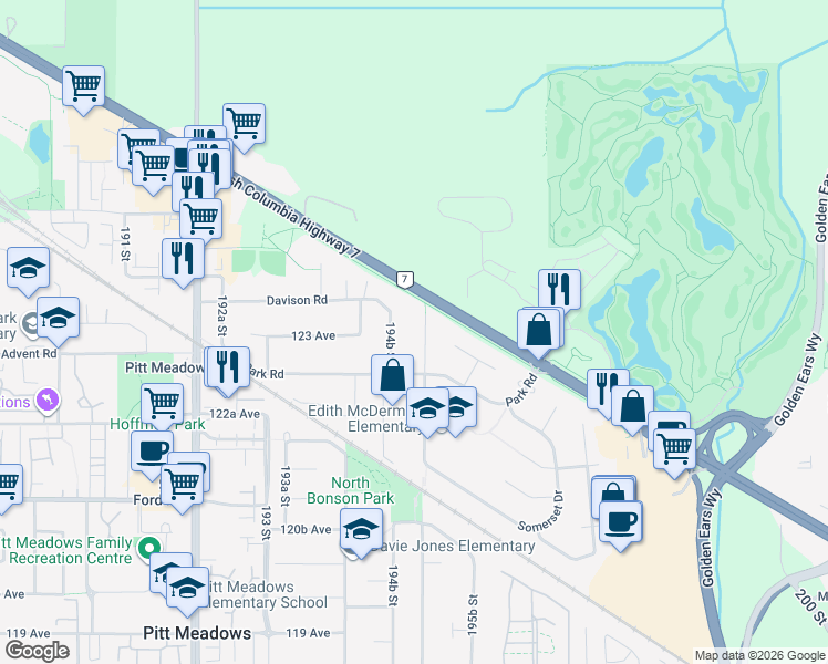 map of restaurants, bars, coffee shops, grocery stores, and more near 12348 Bonson Road in Pitt Meadows