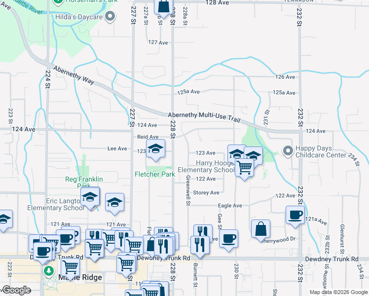 map of restaurants, bars, coffee shops, grocery stores, and more near 12347 Greenwell Street in Maple Ridge