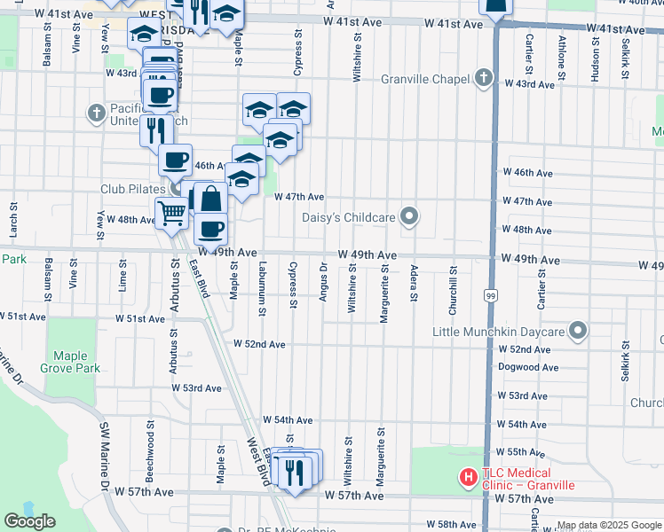 map of restaurants, bars, coffee shops, grocery stores, and more near 6530 Angus Drive in Vancouver