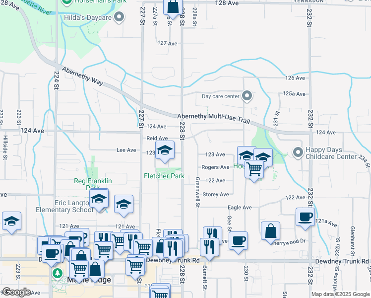 map of restaurants, bars, coffee shops, grocery stores, and more near 12344 228 Street in Maple Ridge