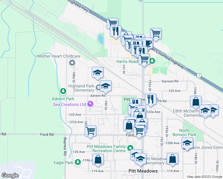 map of restaurants, bars, coffee shops, grocery stores, and more near 19040 Doerksen Drive in Pitt Meadows