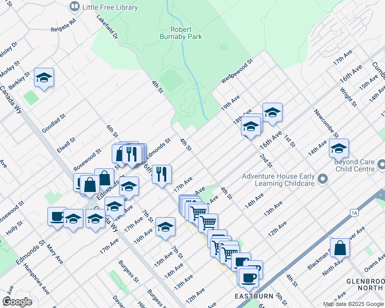 map of restaurants, bars, coffee shops, grocery stores, and more near 7999 18th Avenue in Burnaby