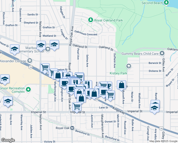 map of restaurants, bars, coffee shops, grocery stores, and more near 6338 Selma Avenue in Burnaby