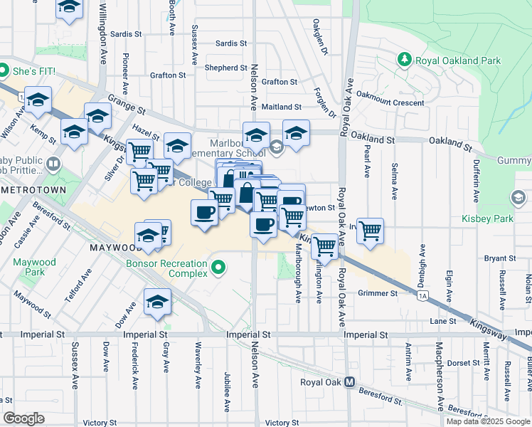 map of restaurants, bars, coffee shops, grocery stores, and more near 6407 Nelson Avenue in Burnaby