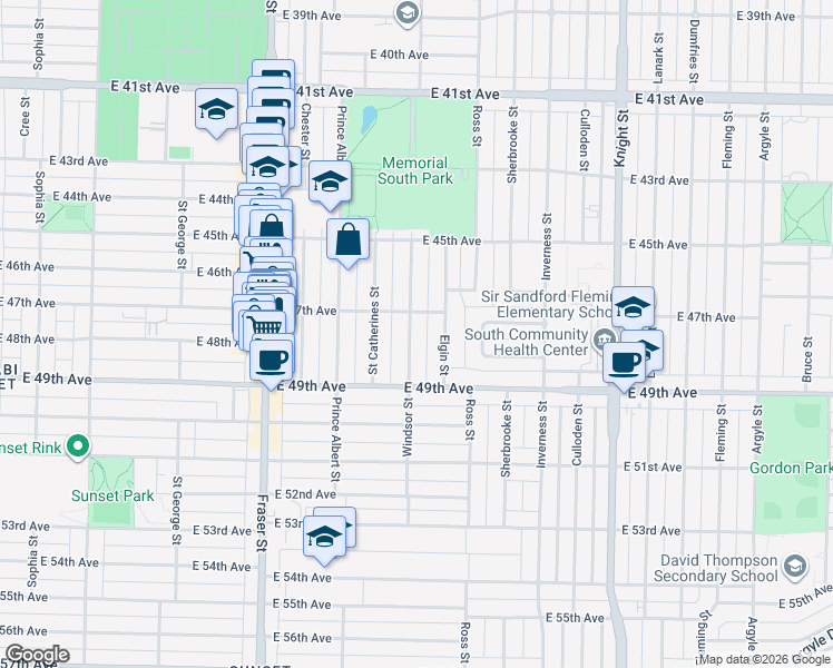 map of restaurants, bars, coffee shops, grocery stores, and more near 6358 Windsor Street in Vancouver