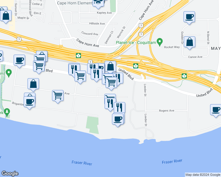 map of restaurants, bars, coffee shops, grocery stores, and more near 62 Fawcett Road in Coquitlam