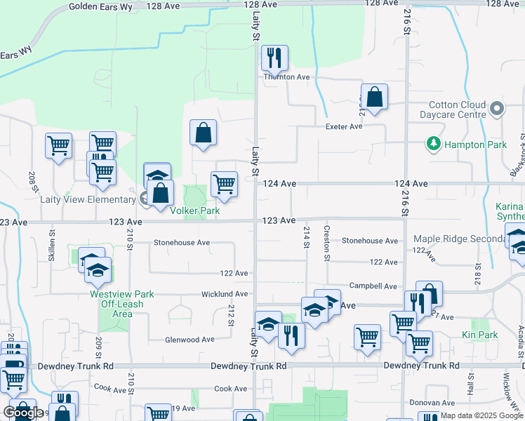 map of restaurants, bars, coffee shops, grocery stores, and more near 12336 Laity Street in Maple Ridge