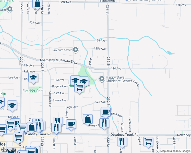 map of restaurants, bars, coffee shops, grocery stores, and more near 23123 123A Avenue in Maple Ridge