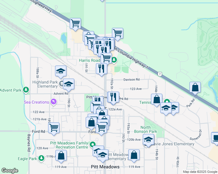 map of restaurants, bars, coffee shops, grocery stores, and more near 12350 Harris Road in Pitt Meadows
